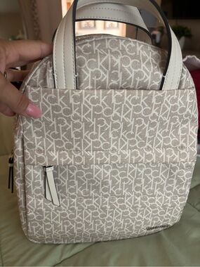 Calvin Klein Beige and White Logo Mini Backpack